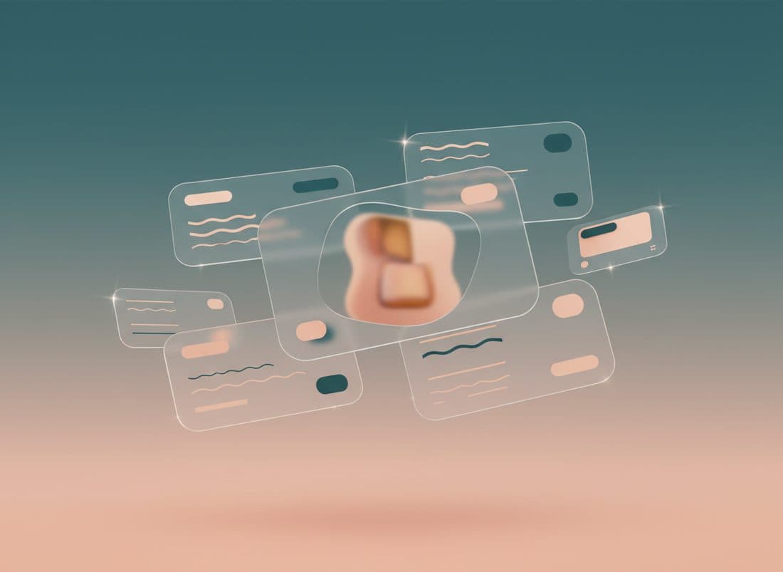 Abstract illustration of floating cards forming a product listing