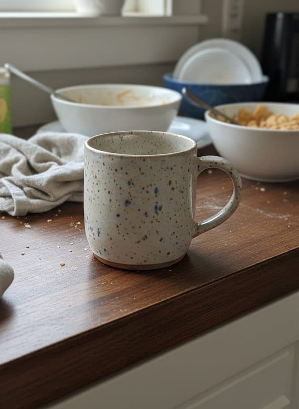 A speckled ceramic mug photographed on a cluttered kitchen counter
