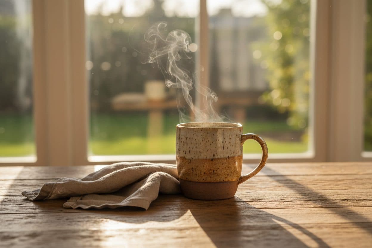 A handmade mug with steam rising on a sunny wooden table