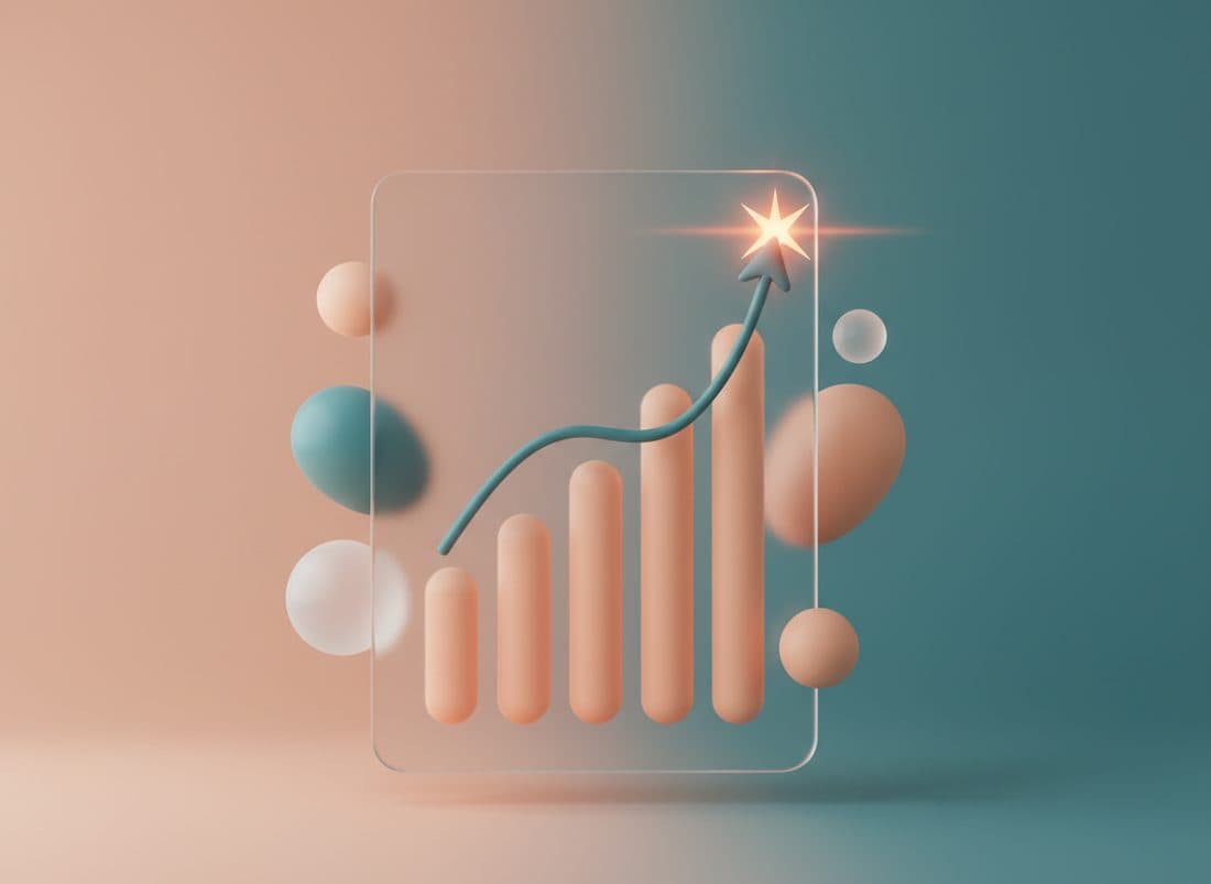 Abstract illustration of a rising bar chart with a glowing arrow